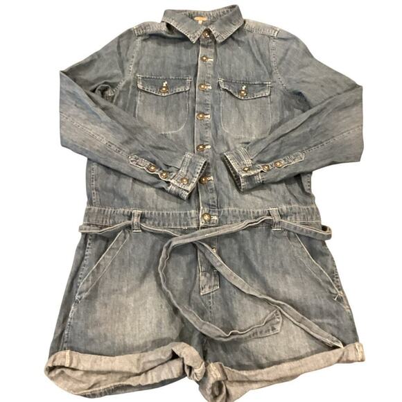 Free People Denim short Romper button up belt Long Sleeve jumper blue Small - Picture 1 of 7